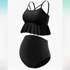 GINKANA Maternity Black Ruffle Peplum Bikini Set Medium High Waist Two piece